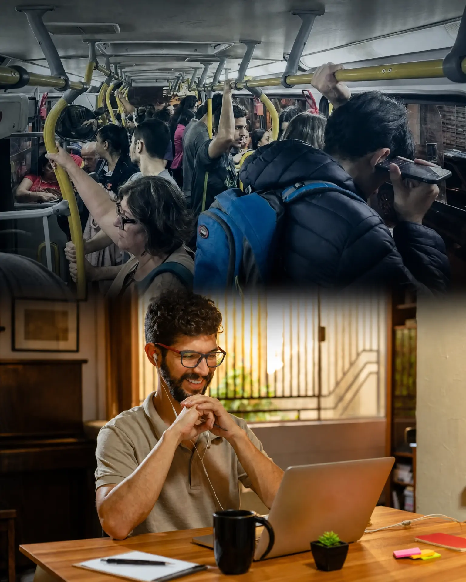 Comparação: transporte público lotado acima e homem trabalhando confortavelmente em home office abaixo